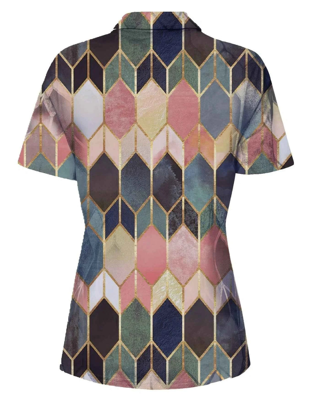 Versatile All-Season Women's Polo Shirt- Easy-Care,Stretch Comfort with Stylish Zip and Geometric Design for Everyday Casual Wea
