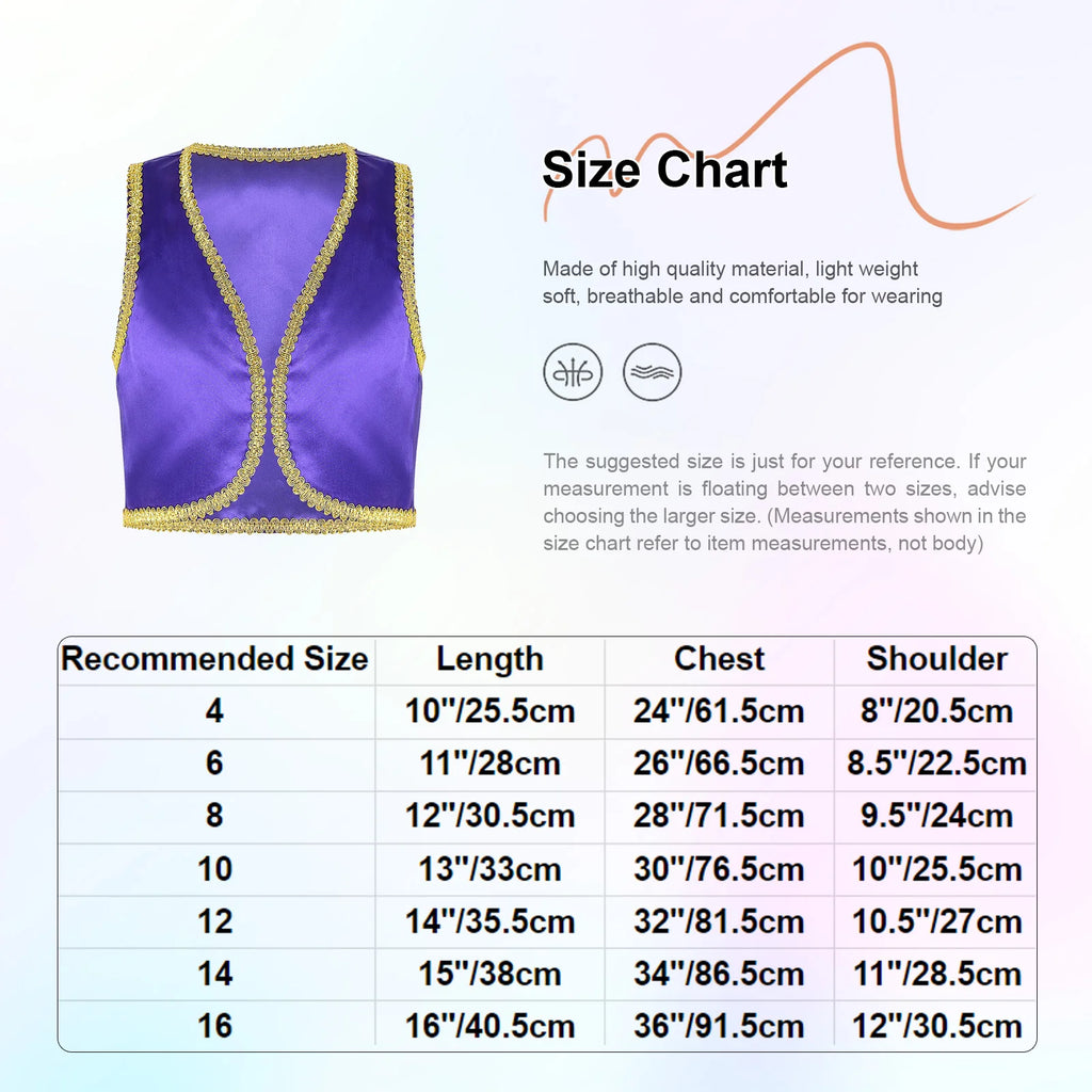 Children Boys Arabian Prince Costume Genies Vest Open Front Golden Genies Waistcoat for Party Halloween Cosplay Fancy Dress Up