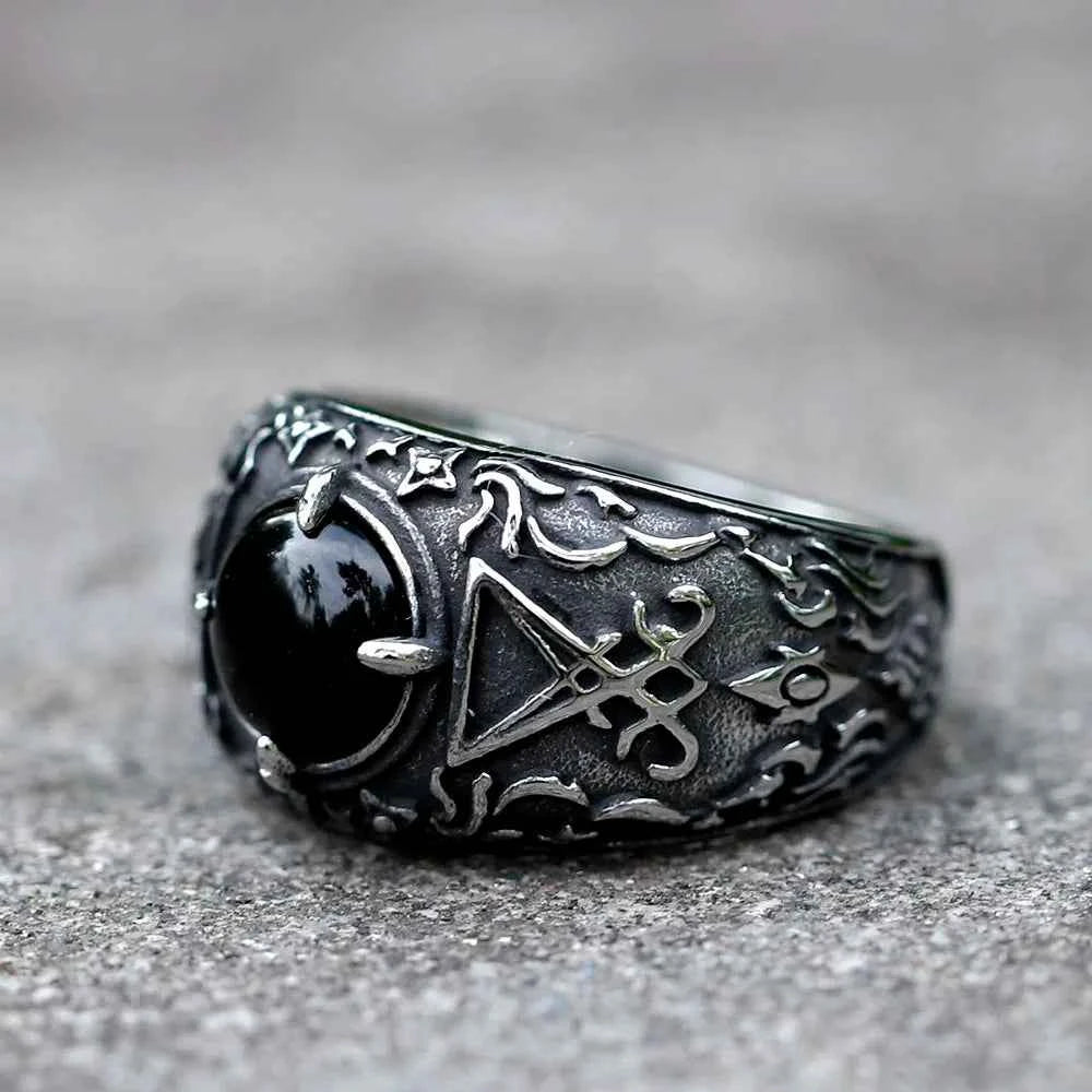 2023 New Updated Design Lucifer Satan Signet Ring For Men With Black Stone Stainless Steel Vintage Jewelry Gift free shipping