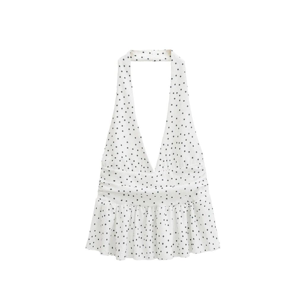 HH Women Vintage Solid Halter Vest Hem Ruffled Lady Sexy Backless Sleeveless V Neck Tops Summer Thin Casual Holiday Chic Top