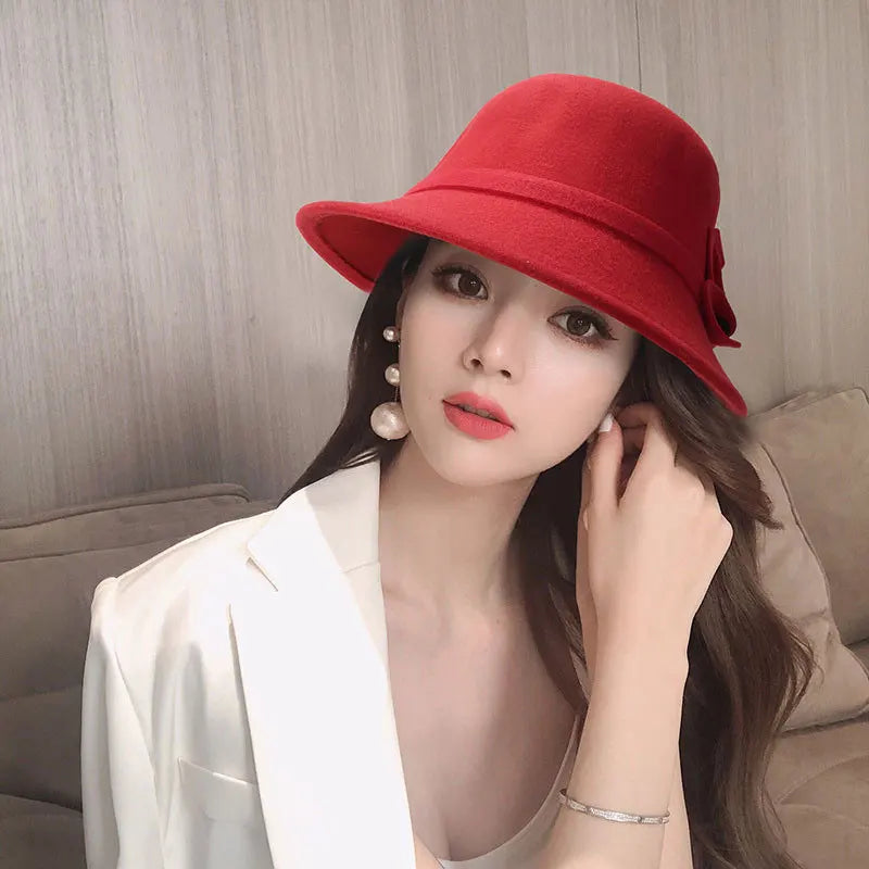 Women Elegant Wool Felt Fedoras Hat Autumn Winter Warm Solid Color Bow Bucket Dome Cap Ladies Fashion Retro Church Top Hats