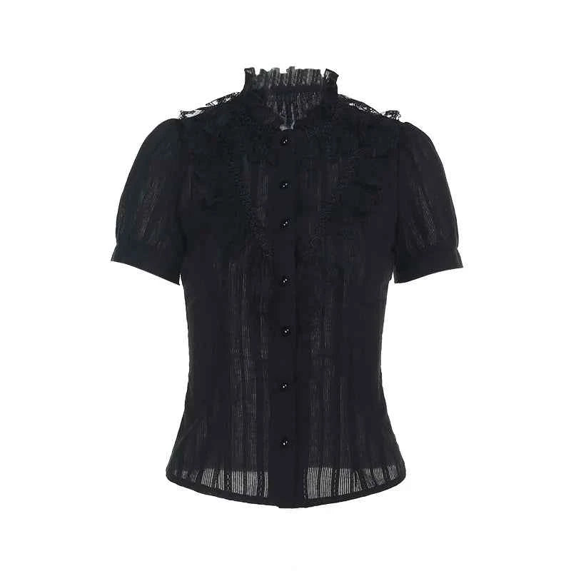 Sweet Lolita Cotton Shirts Women Vintage Gothic Black White Jacquard Short Sleeve Blouses Elegant Office Lady Y2k Tops