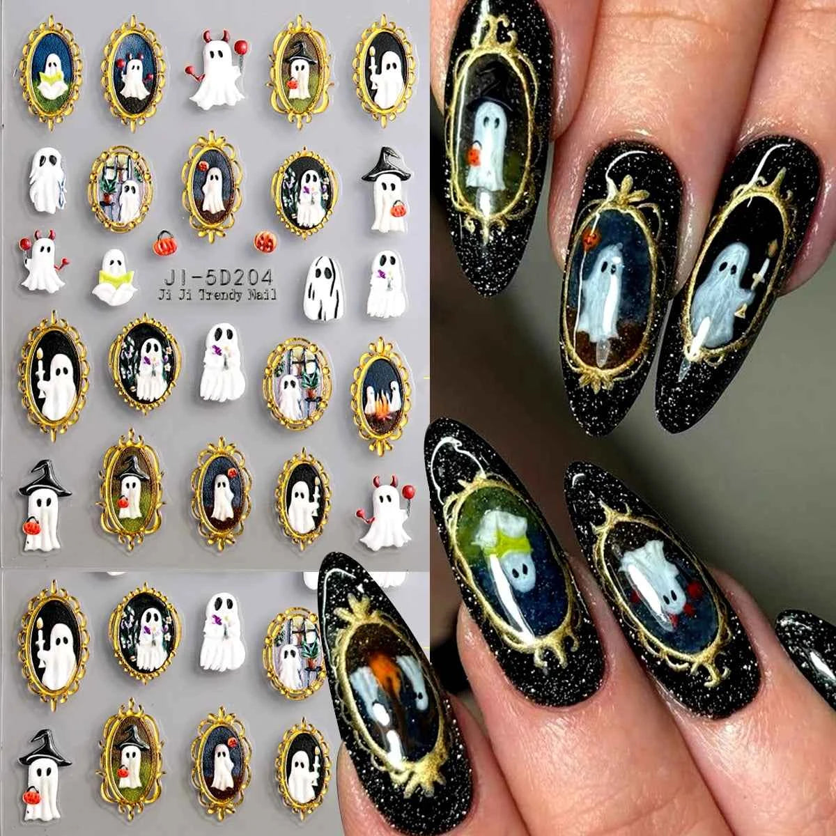 Halloween Gothic Ghost Nail Stickers – 5D Embossed Frames