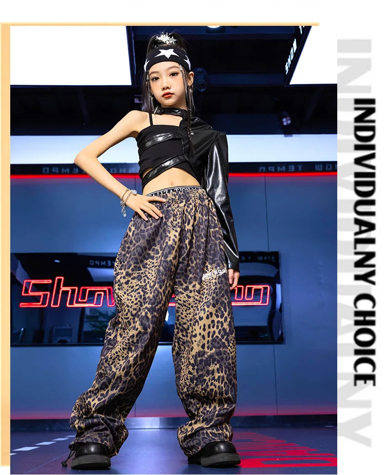Kid Hip Hop Clothing T Shirt Crop Top Wine Red Arm Sleeve Faux Leather Casual Cargo Pants for Girl Jazz Dance Costumes Clothes