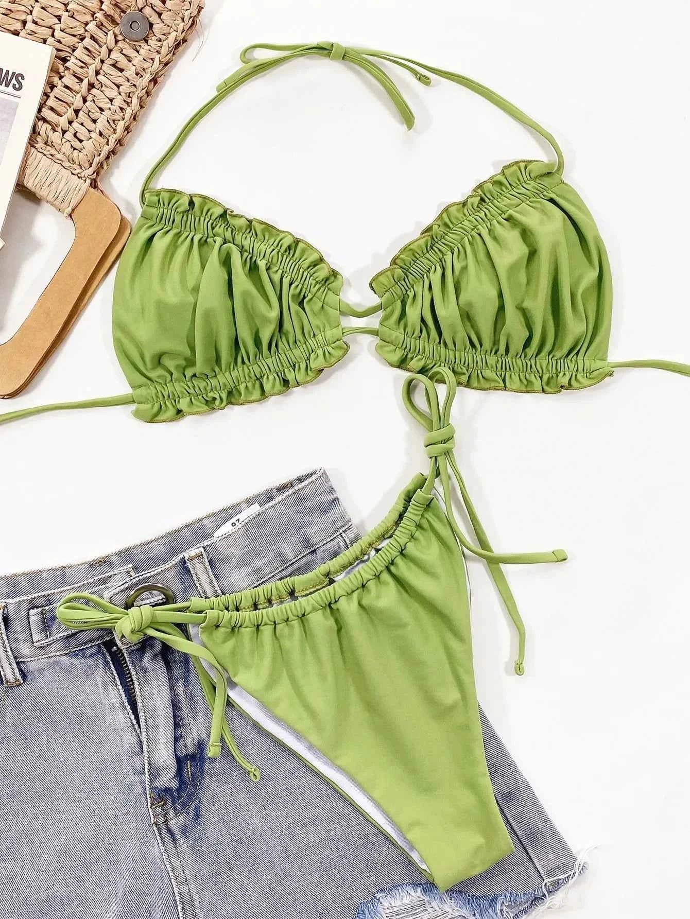 Women's 2 Pieces Swimsuit Sexy Halter Backless Swimwear Ruffle Trim Bikini Set High Waist Push Up Thong Bathing Suit Beachwear