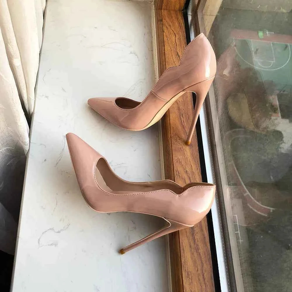 Tikicup Solid Nude Patent Women Pointy Toe Stiletto High Heels Slip On OL Wedding Party Dress Shoes Elegant Ladies Formal Pumps