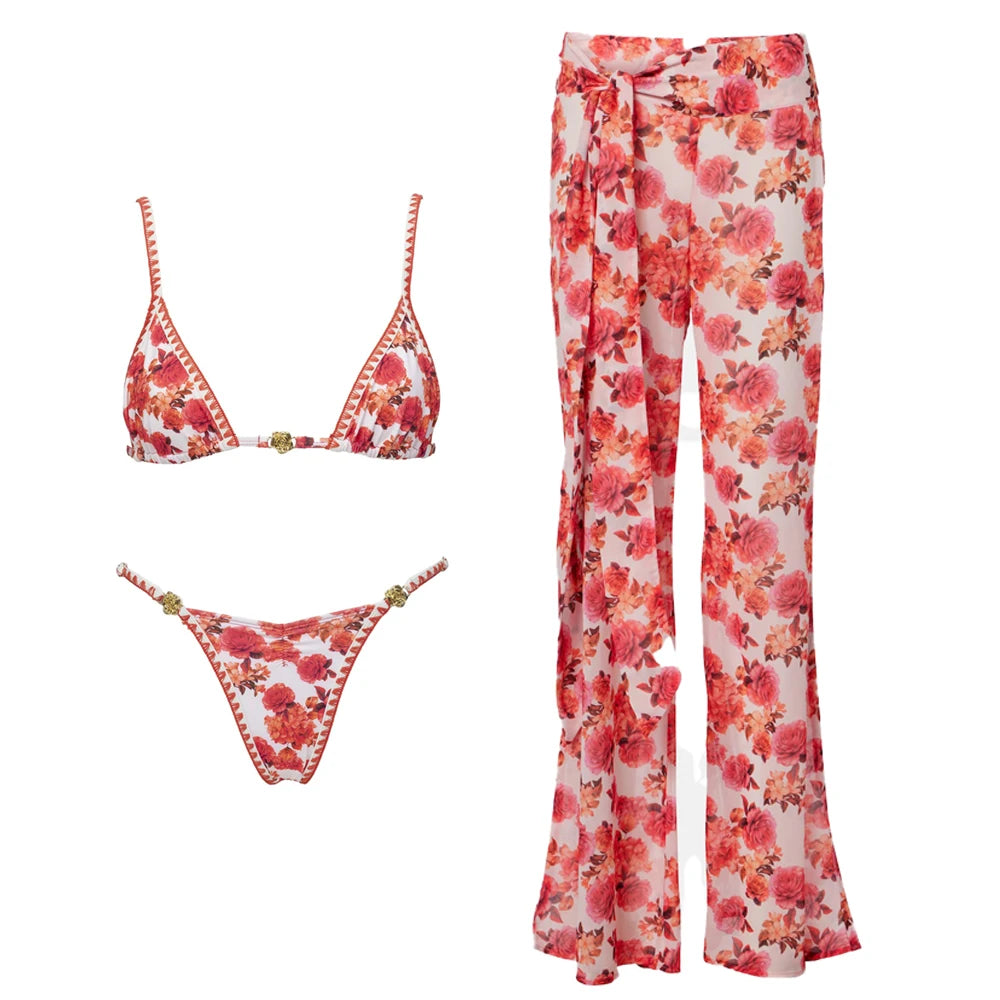 Print Bikini Swimsuit and Cover Up Bikini Set Women Sexy Lace Swimwear High Leg  Bathing Suit Beachwear Biquini