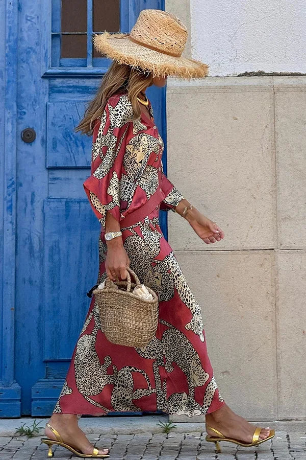 2024 Autumn New Women's Elegant Printed Leopard Pattern Fashion Two Piece Set V-neck Single Breasted Sexy Shirt Long Skirt Set