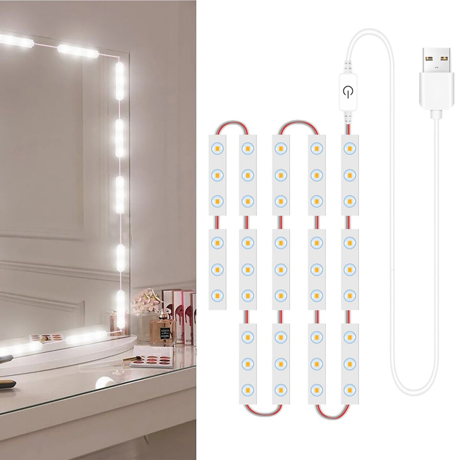 LED Makeup Mirror Lights 6/18/30/42 LEDs Dimmable Touch Control Vanity Bathroom Dresser Mirror Light with USB Cable Strip Lights
