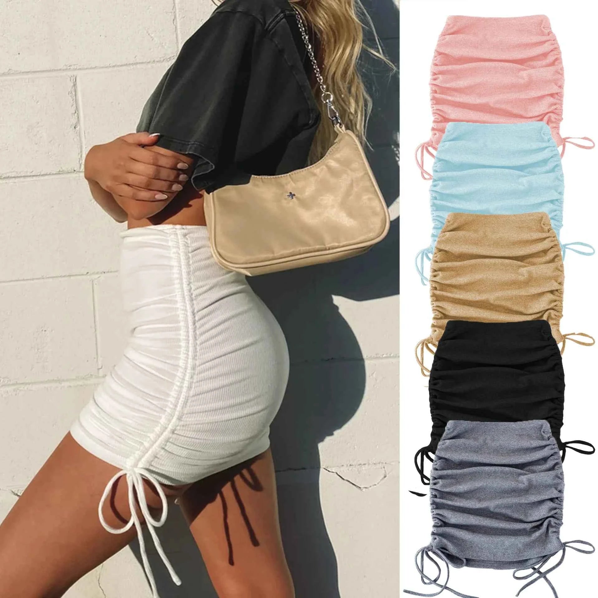 Woman Summer Mini Skirts Solid Color Cotton Folds Ladies Knitting Thread Side Draw String Elastic Sexy Skirts Womens WSL4321