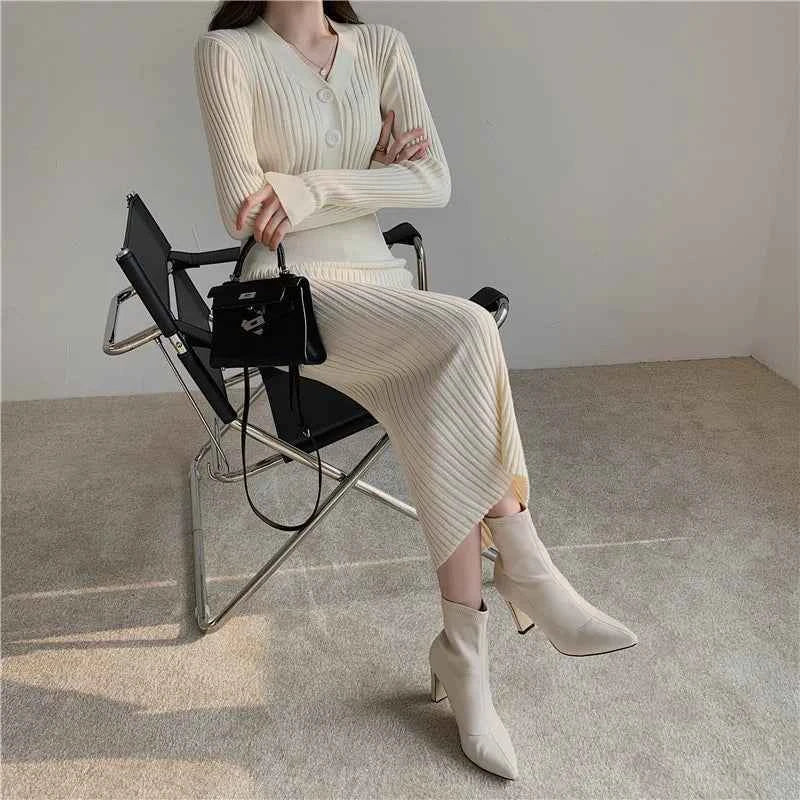 Autumn Winter Sweater Dress For Women 2024 New Arrivals Buttons Up V Neck High Waist Long Knitted Dress Korean Maxi Dresses