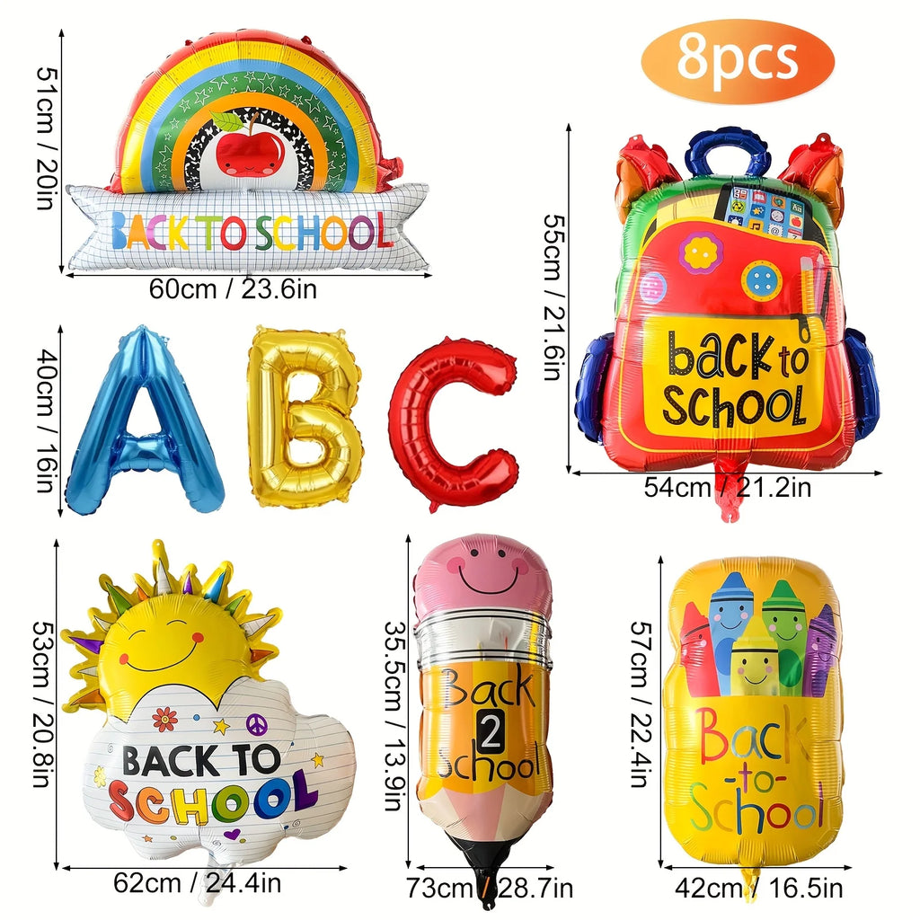 8Pcs Back To School Foil Balloons Large School Bag Pencil Crayon ABC Balloons for Kids Classroom First Day of School Decoration