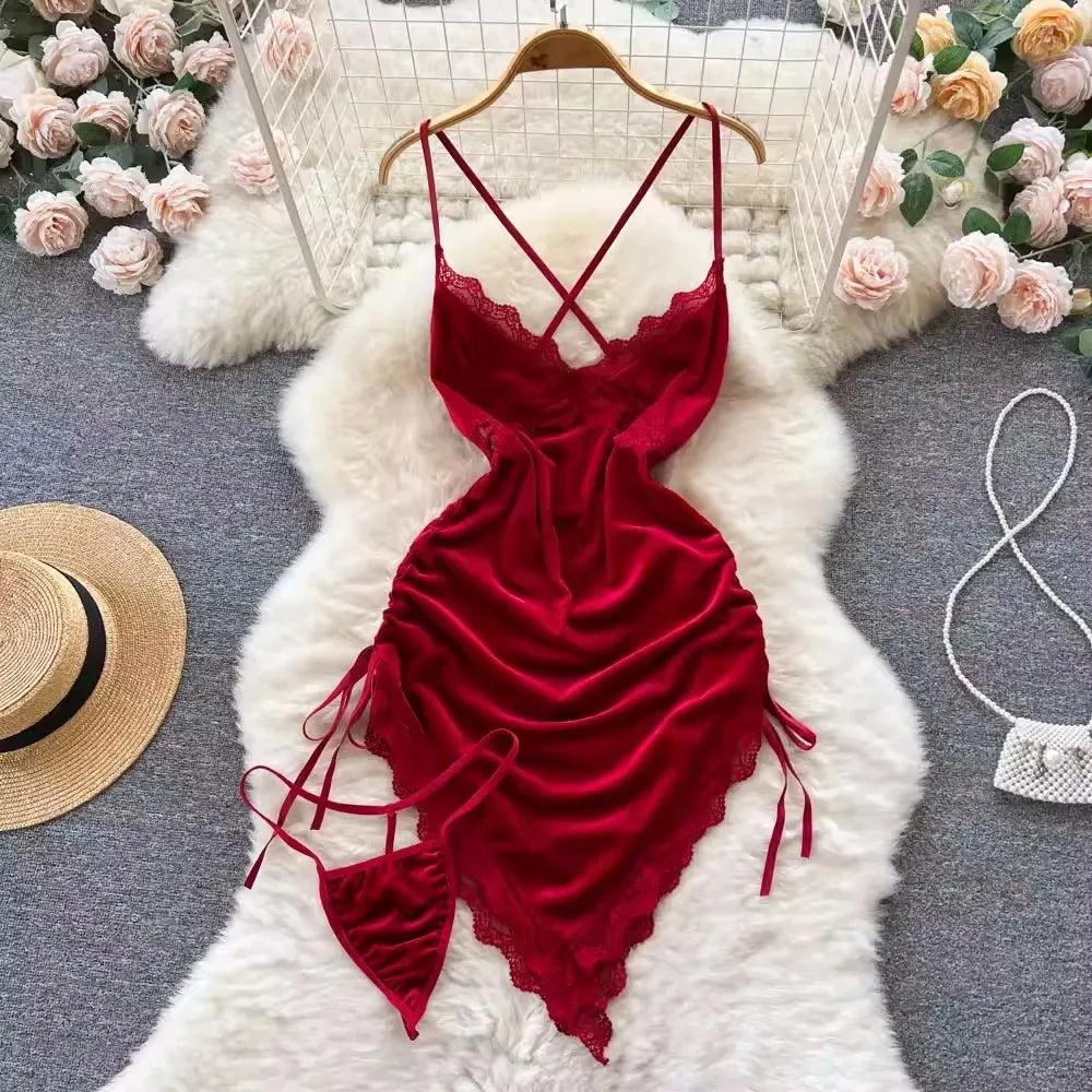 Summer Girls Sexy Hot Sweet Transparent Suspender Mini Dress Women Elastic Waist And Backless Strap Lolita Pajamas Bubble Skirt