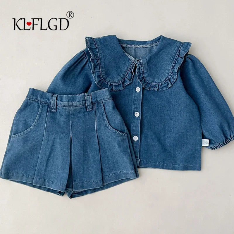 Fashionable Childrens Set Denim Top+Jeans Short Korean Version Girl Casual Sports Two-Piece Set 0-6 Year Old Childrens Cloth