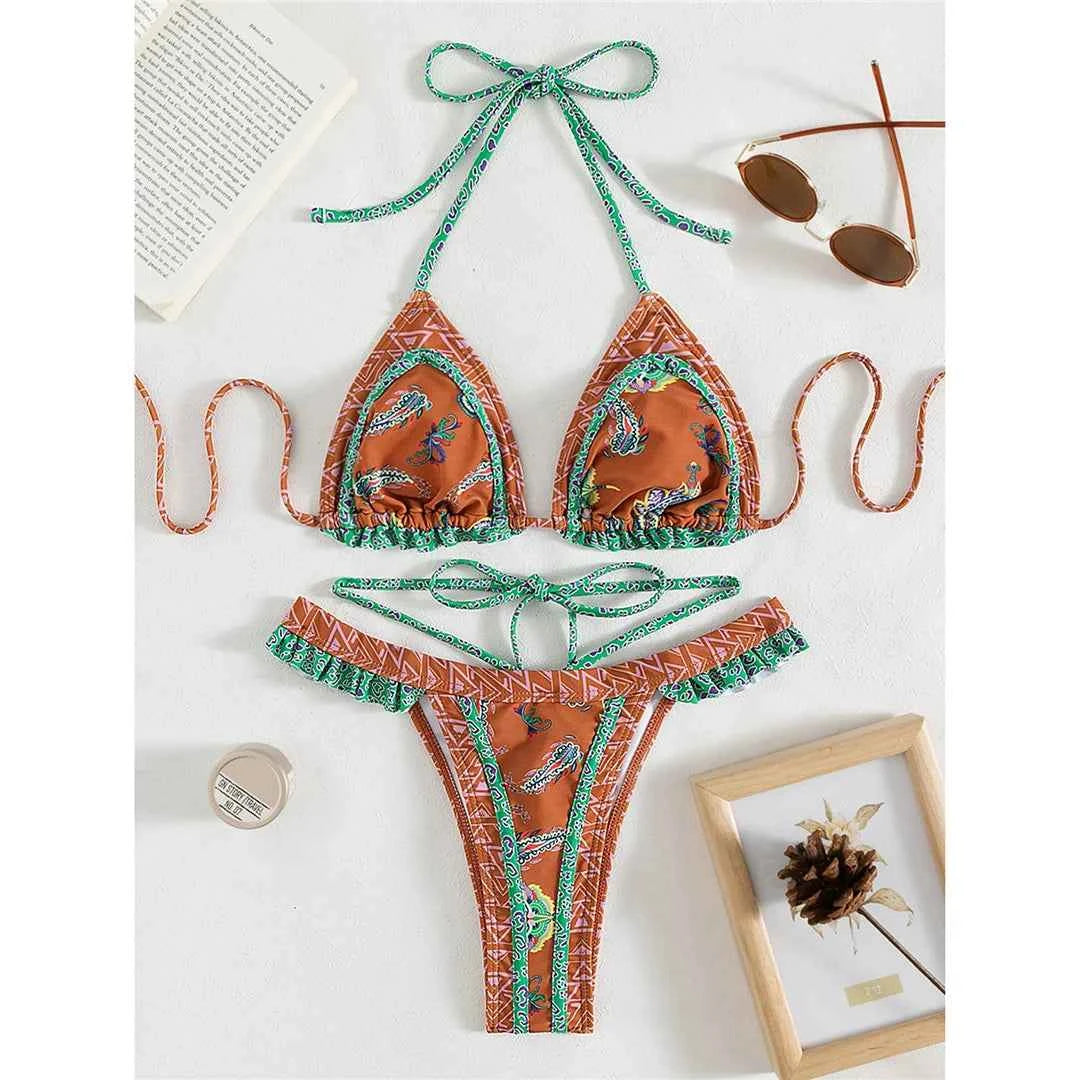 5 Colors Sexy Printed Halter Frilled Bikini Women Swimwear Female Swimsuit Two-pieces Bikini set Bather Bathing Suit Swim V4651