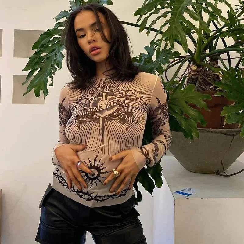 Y2k Aesthetic Punk Clothes Graphic Tees Women Gothic Fashion Full Sleeve Woman Tshirts See Through Streetwear Egirl Tops T Shirt