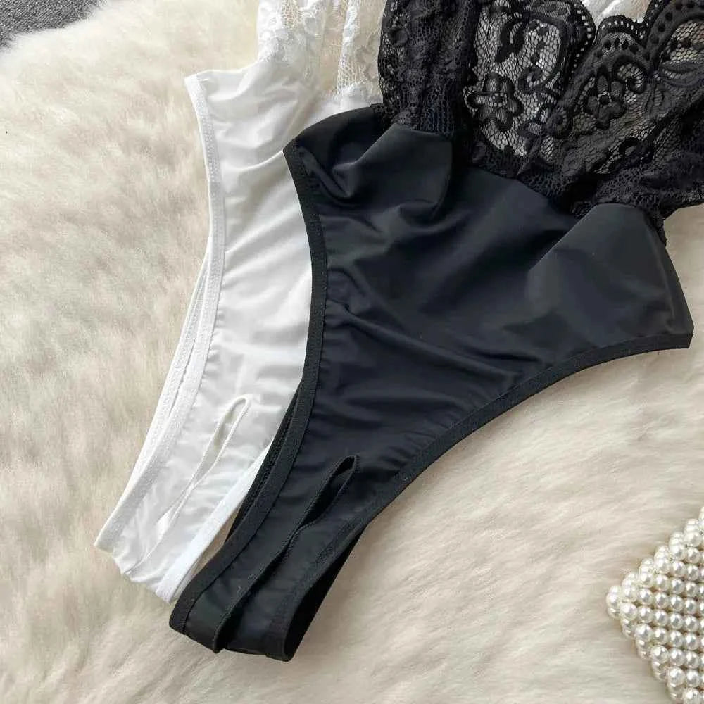 Women's V-neck Sexy Elegant Lace Camisole Jumpsuit Hollowed Transparent Tight Fitting Pajama Adjustable Shoulder Straps Hotsweet