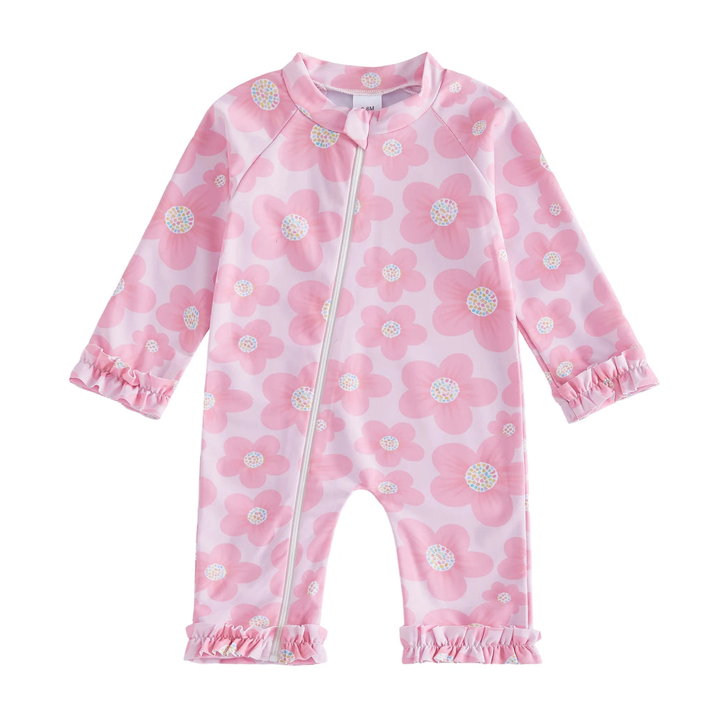 Toddler Baby Girl Summer Rash Guard Swimsuit Solid Color Print Long Sleeve Round Neck Romper Swimwear for Pool Beach