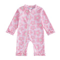 Toddler Baby Girl Summer Rash Guard Swimsuit Solid Color Print Long Sleeve Round Neck Romper Swimwear for Pool Beach
