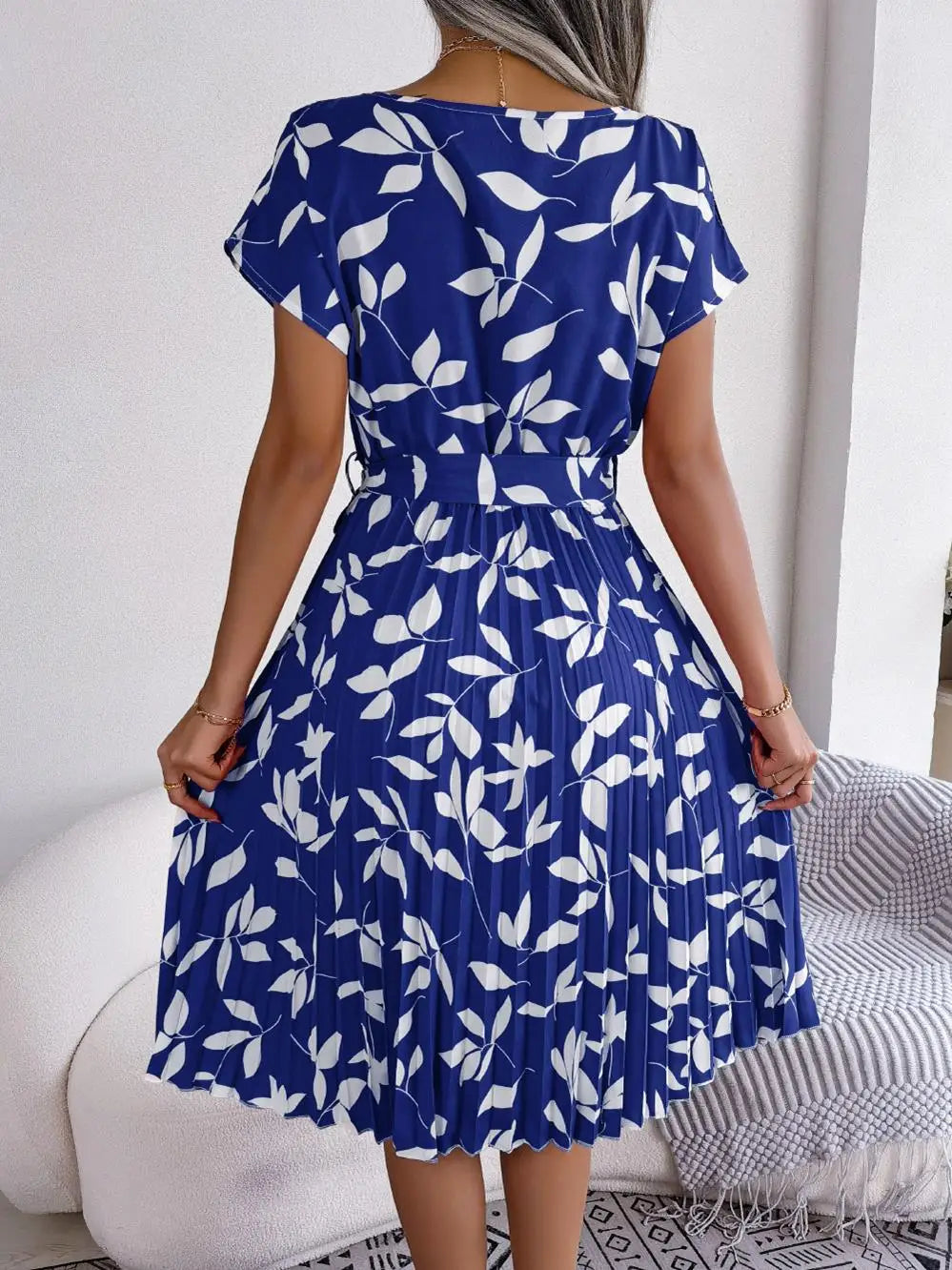 Ficusrong Fashion Floral Pleated A Line Long Dress Women Spring Summer Short Sleeve High Waist Chic Dress