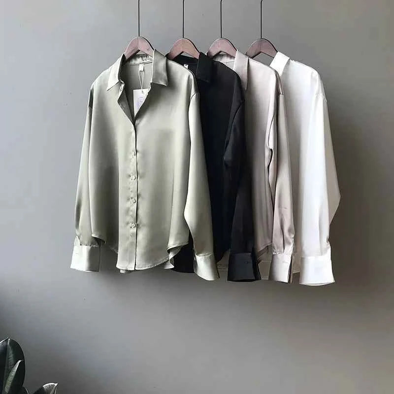 Spring Fashion Button Up Satin Silk Shirt Vintage Blouse Women White Tops Lady Long Sleeves Female Loose Street Shirts 11355
