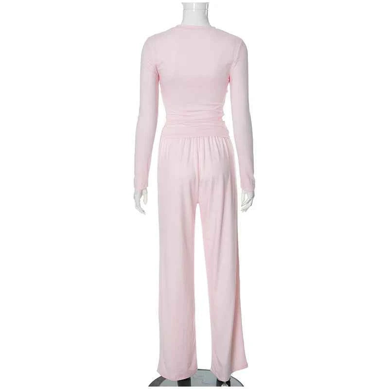 Women Top Pants Suit 2 Piece Sets Solid O-neck Long Sleeve Shirts Elastic Waist Trousers Female Outfits 2025 New Lady Tracksuit