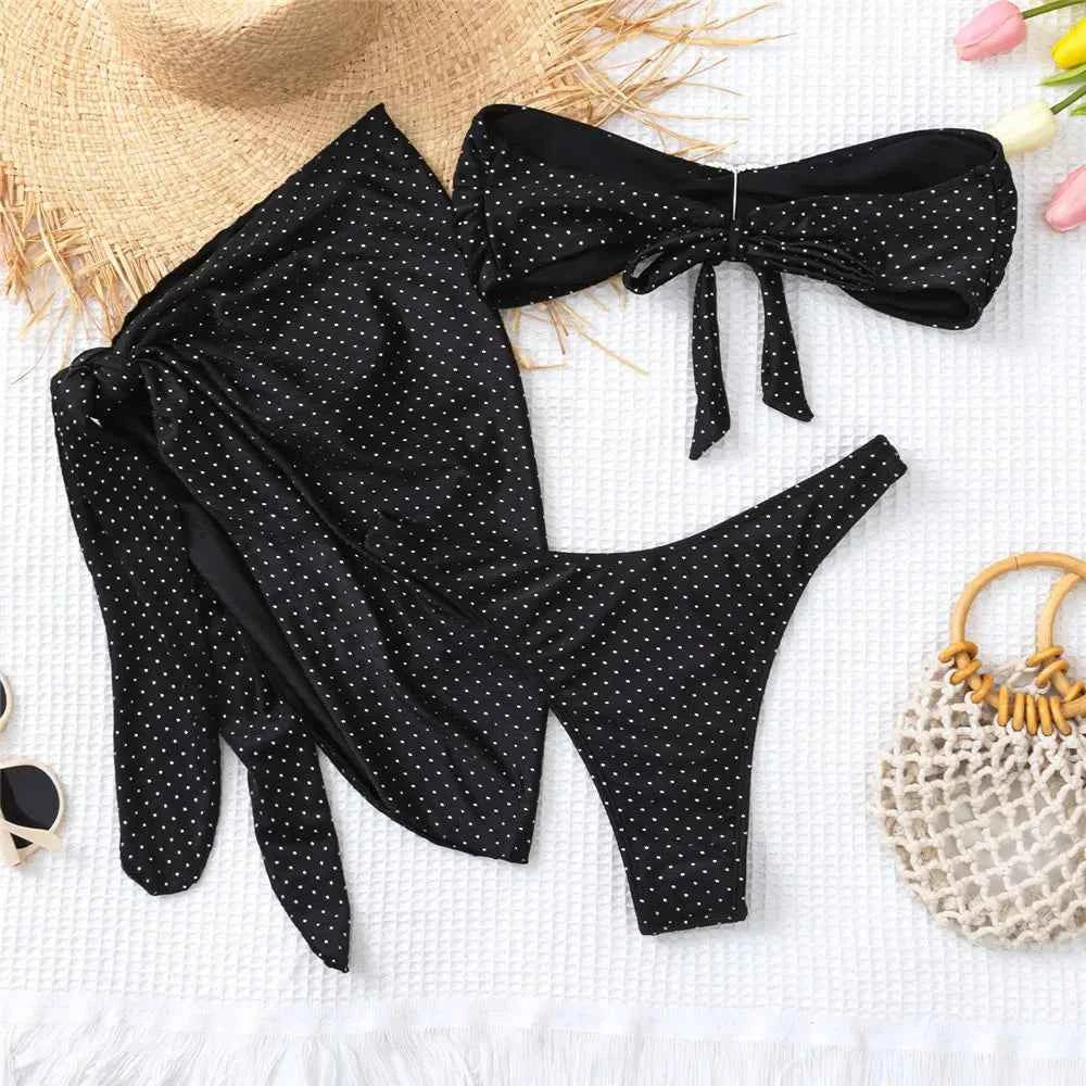 Sexy Black Shiny Swimwear Sarong String Halter Triangle Bikinis Sets 3 Pieces Rhinestone Swimsuit Women 2026 Bather Beachwear