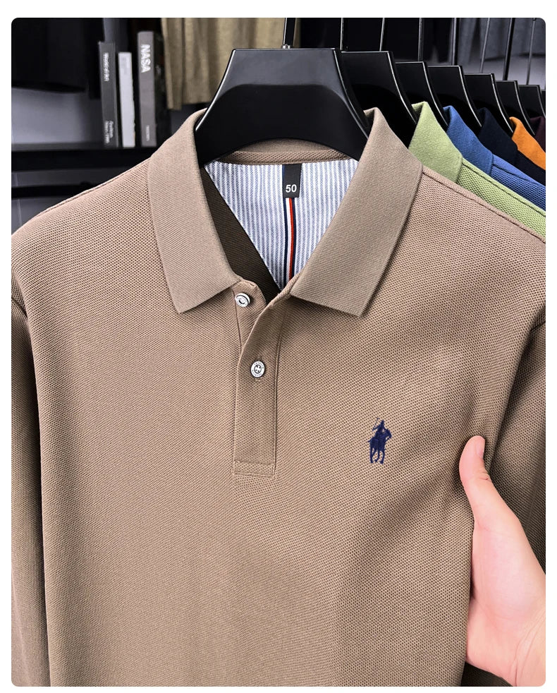 100% cotton high-end brand long sleeve polo shirt new Paul pony embroidery luxury comfort men's business leisure lapel T-shirt