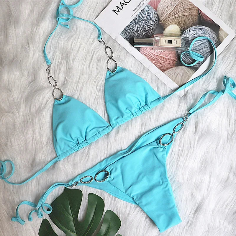 Metal Chains Rhinestones Diamond Bikini Women Swimsuit Female Swimwear Two Pieces Bikini Set Brazilian Bather Bathing Suit Swim
