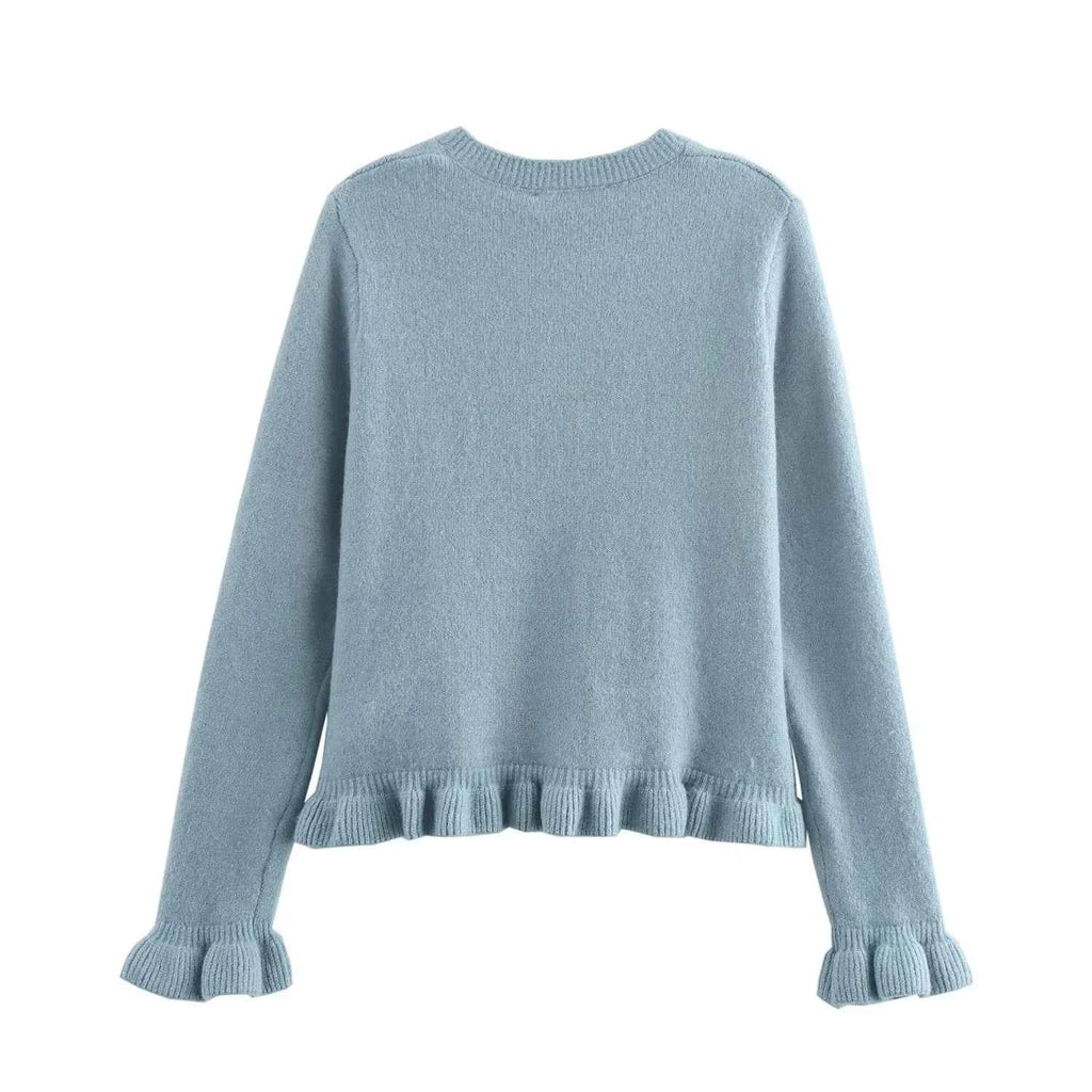 HXAO Sweater Cardigans Ruffle Long Sleeve Knitted Cardigan For Women Autumn Bolero Knitwears Button-Down Bluey Gray Cardigan