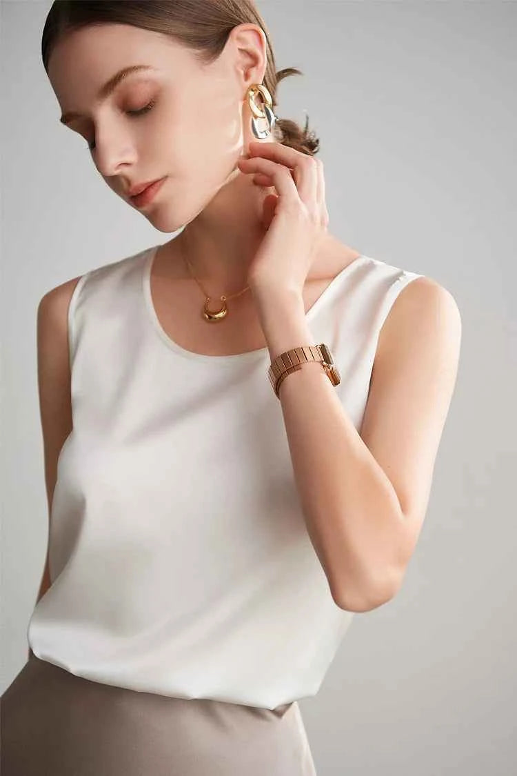 SuyaDream. Women Basic Cozy Tanks, 100%Real Silk, O neck Sleeveless Chic T Shirt, 2025 Solid Summer Vests, White, Pink, Beige