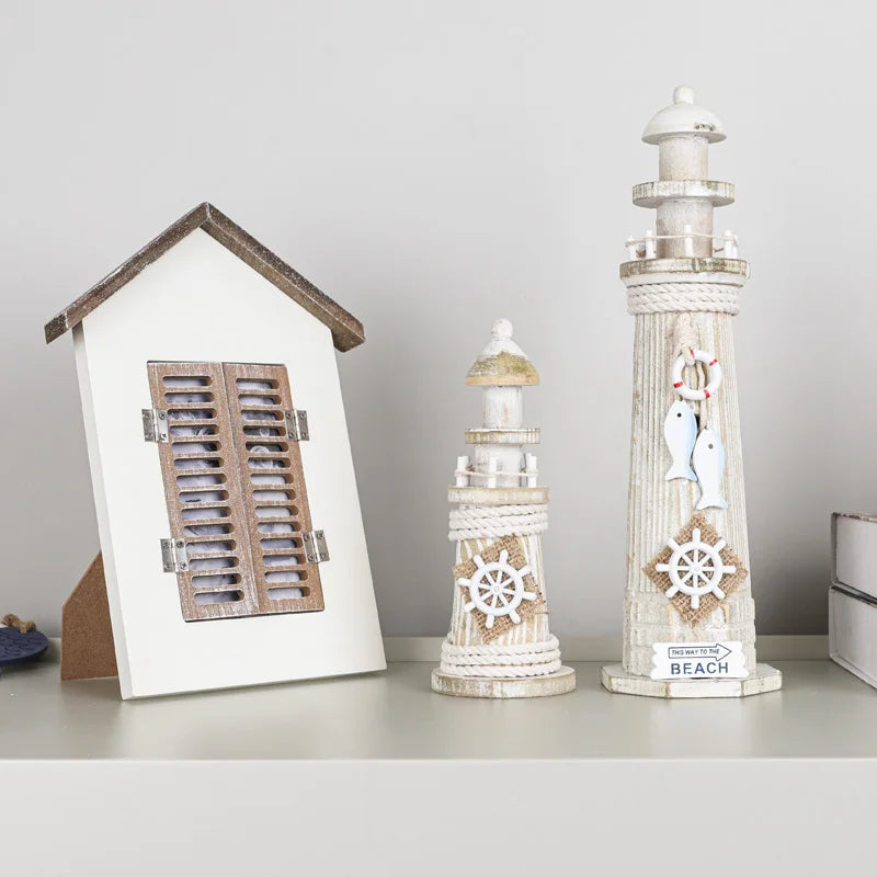 Mediterranean Style Home Decoration Figurines Desktop Ornaments Ocean Wooden Lighthouse Model Wood Ship Crafts Wall Decor Plaque
