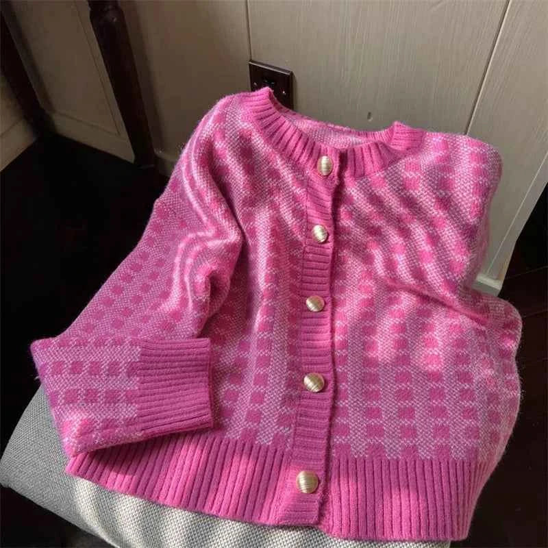 Y2k Pink Women Cardigan Korean Sweet Plaid Long Sleeve Female Sweaters Harajuku New O Neck Preppy Style Ladies Tops