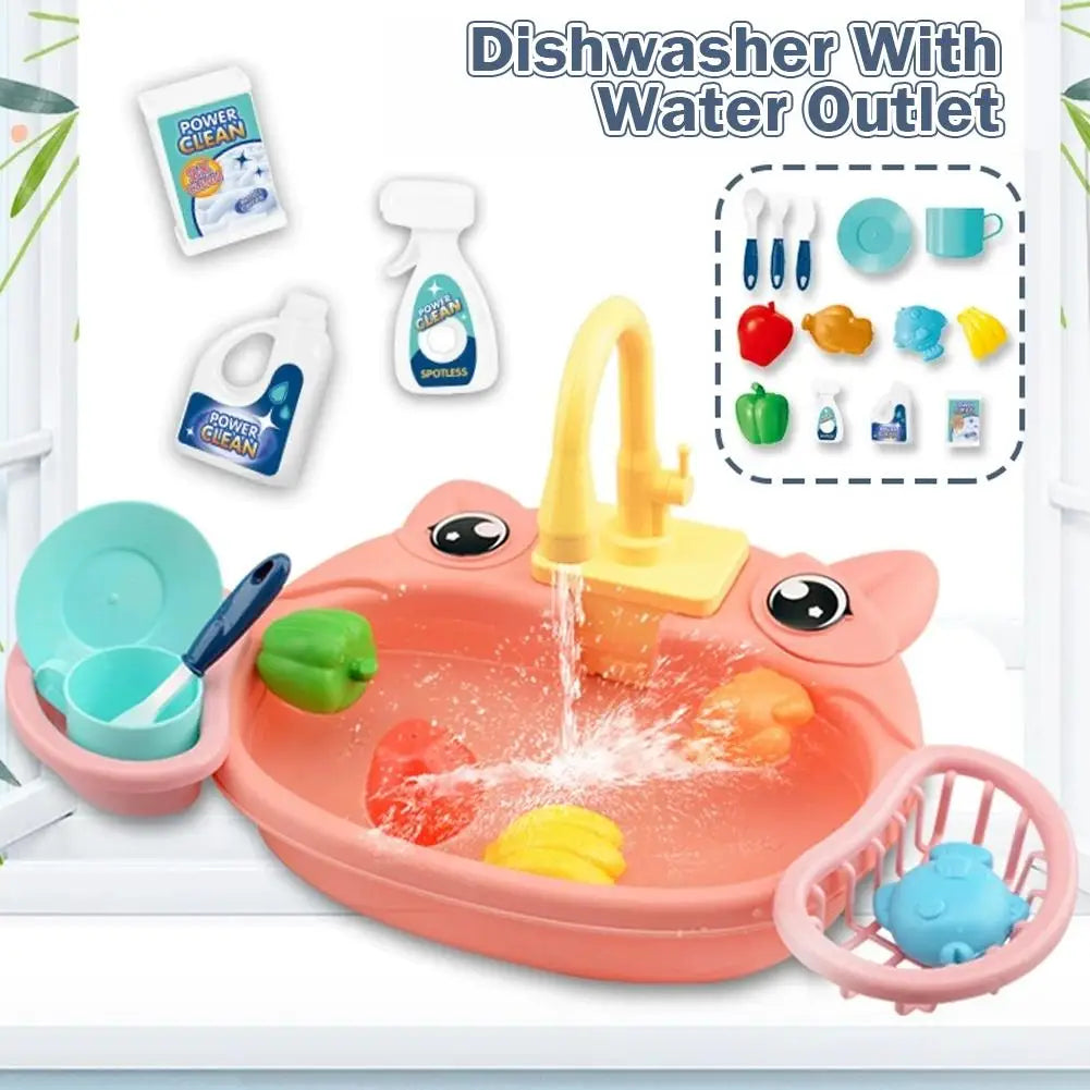 Kids Kitchen Sink Toys Electric Dishwasher Playing Toy with Running Water Pretend Play Food Fishing Toy Role Playing Girls Gift