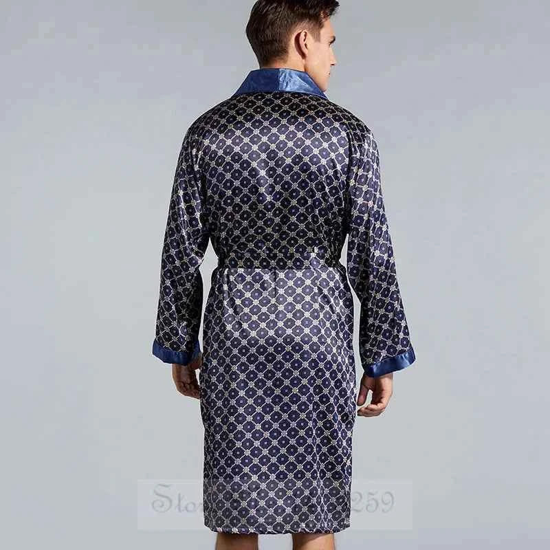 Plus Size 3XL 4XL 5XL Men Robe Sleepwear Navy Blue Stripe Kimono Bathrobe Gown with Pocket Summer Satin Home Clothes Lounge Wear
