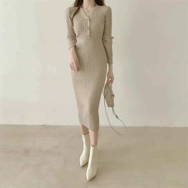 Autumn Winter Sweater Dress For Women 2024 New Arrivals Buttons Up V Neck High Waist Long Knitted Dress Korean Maxi Dresses
