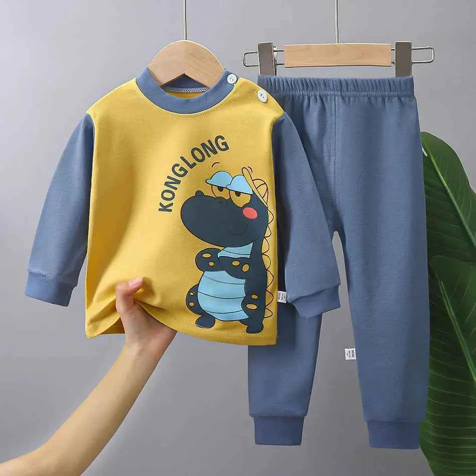 Spring Autumn Sleepwear Kids Comfort Cotton Pajamas Set Durable and Soft Unisex Cartoon Dinosaur for Boy Girl Children Clothes