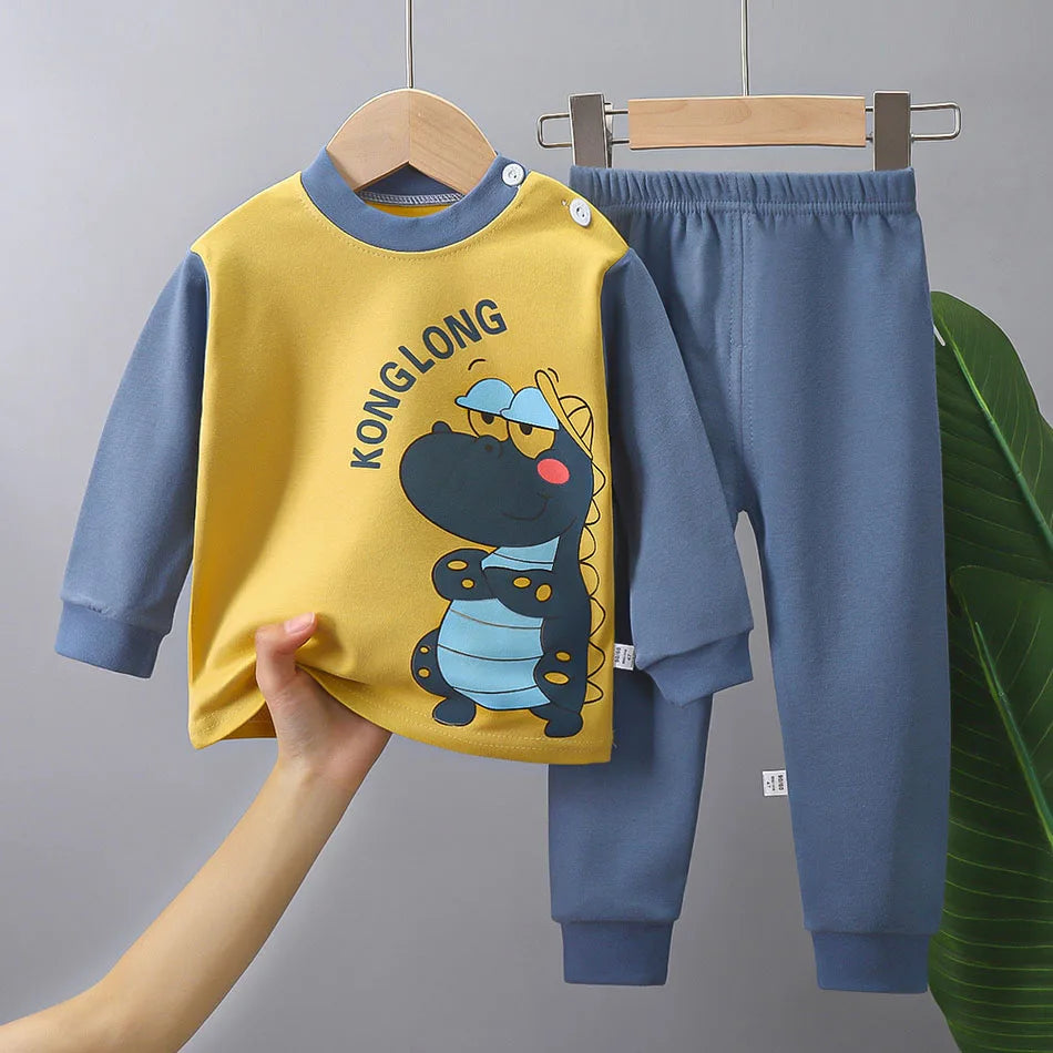 Spring Autumn Sleepwear Kids Comfort Cotton Pajamas Set Durable and Soft Unisex Cartoon Dinosaur for Boy Girl Children Clothes