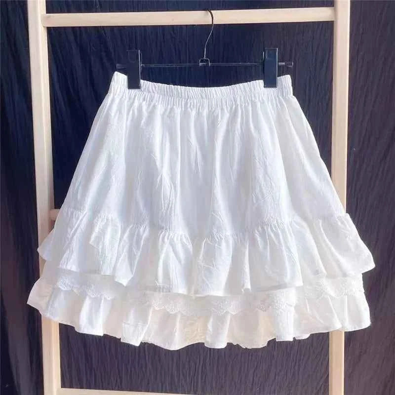 Ruffles Lace Patchwork Cotton White Mini Skirt High Waist A-Line Skirts For Women 2024 Summer