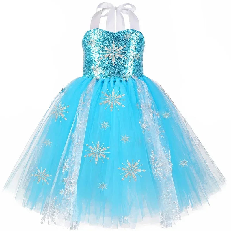 Sequins Elsa Costume for Girls Sky Blue Snow Queen Tutu Dress Snowflake Kids Halloween Birthday Carnival Party Princess Costume