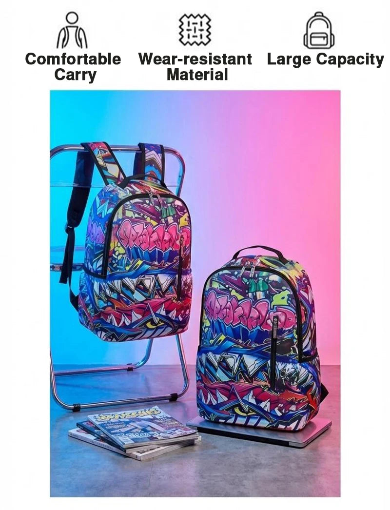 A Hip-Hop Street-Style Backpack with Spray-Painted Ground Motifs for Men, a New Trendy Lightweight Printed Backpack with a Checkered Pattern, Also a Fashionable Outdoor Commuter Bag, Large-Capacity Travel Bag, Multifunctional