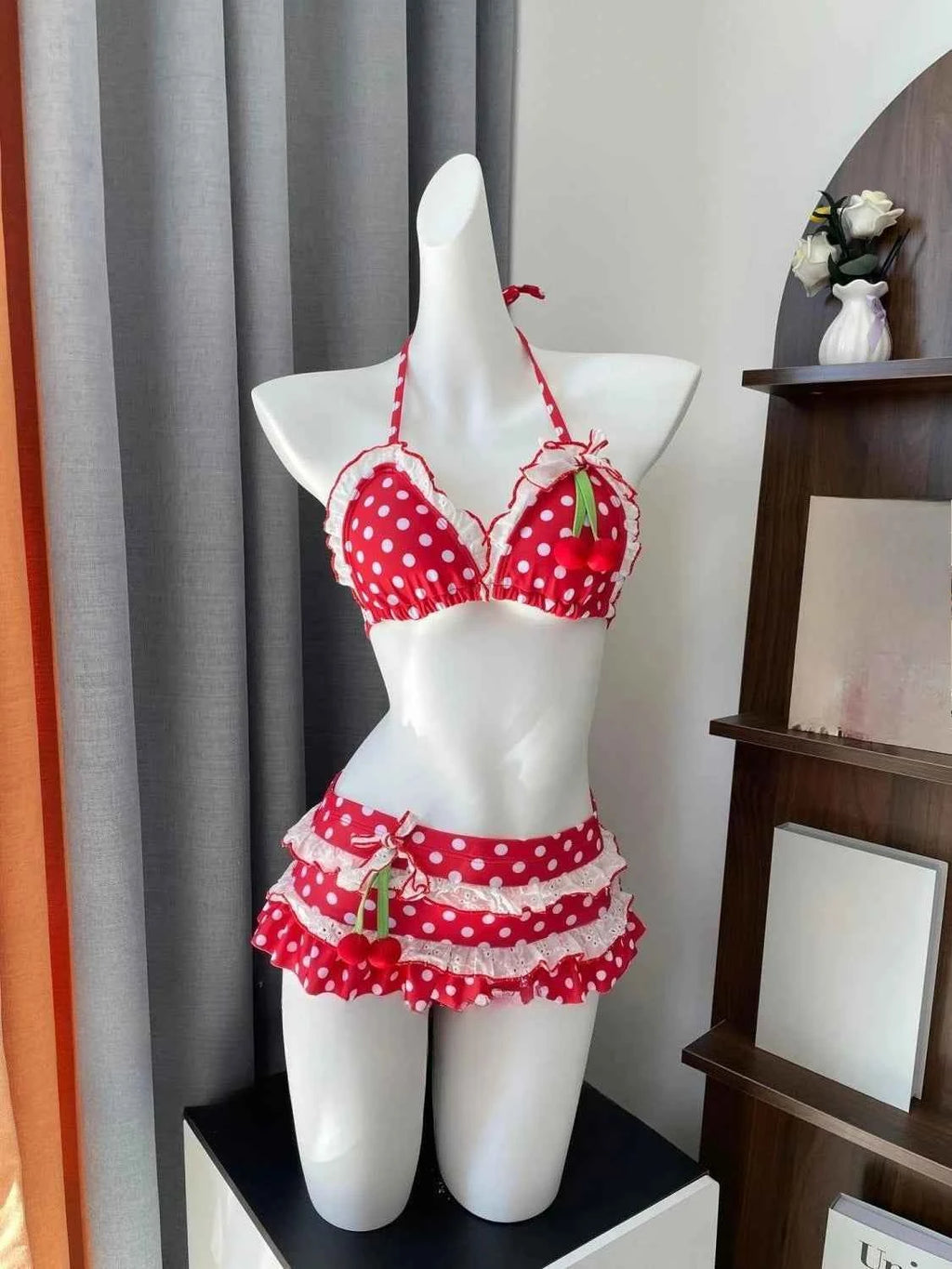 2026 Y2K Summer Sweet Pink White Dot Sets Lovely Cherry Decor Sexy Lace Trim Style Casual Bikini Swimsuit Beach Holiday Wear