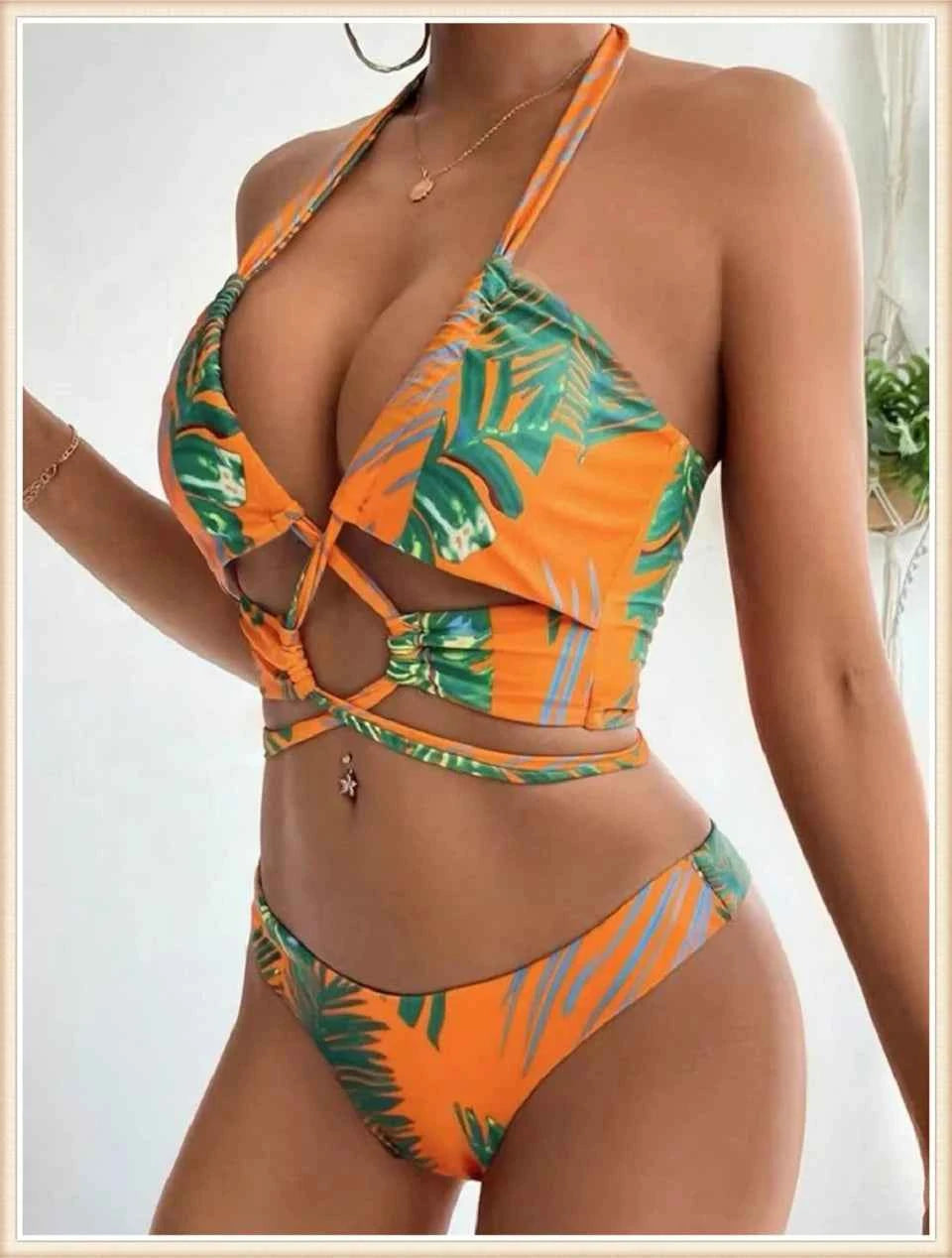 3 Pieces Print Cross Bikini 2025 Women Sexy Halter Swimsuit & Cover Up Beach Dress Swimwear Bathers Bathing Swimming Suit Summer