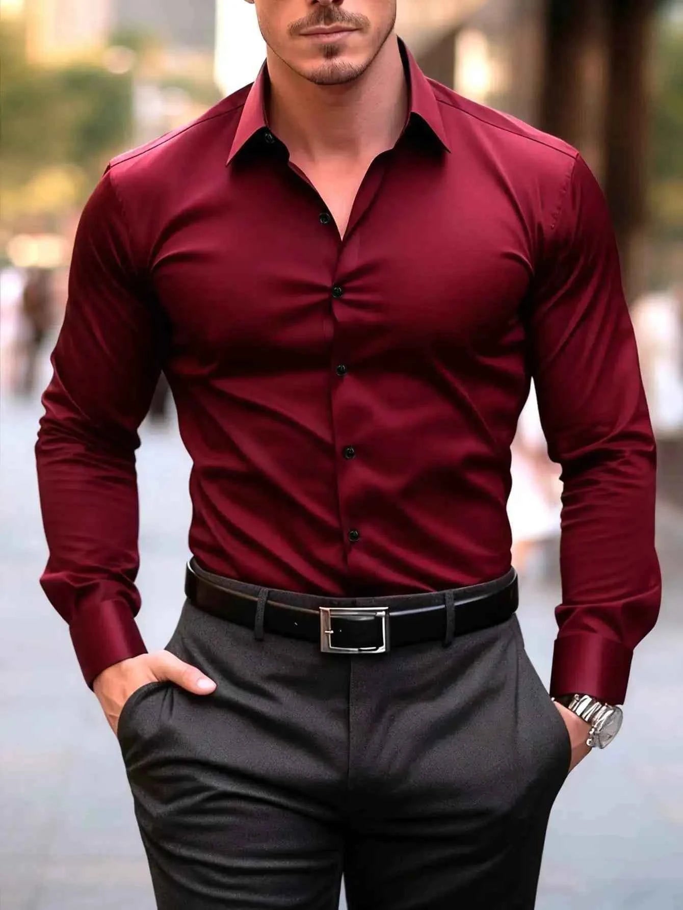 Men's Solid Red Long Sleeve Formal Dress Shirt for Business Office Wear