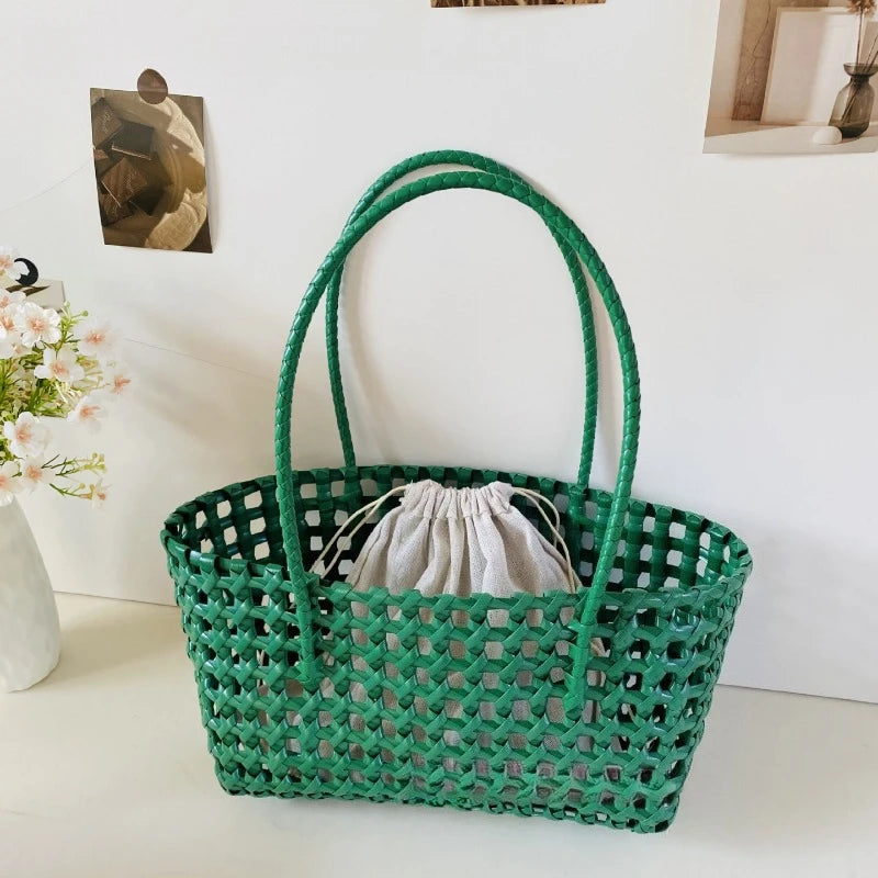 1pcs Plastic Hollow Weave Bag Countryside Style Large Capacity Beach Tote Bag Bucket Bag Bohemian Style Woman PVC Handbag Summer