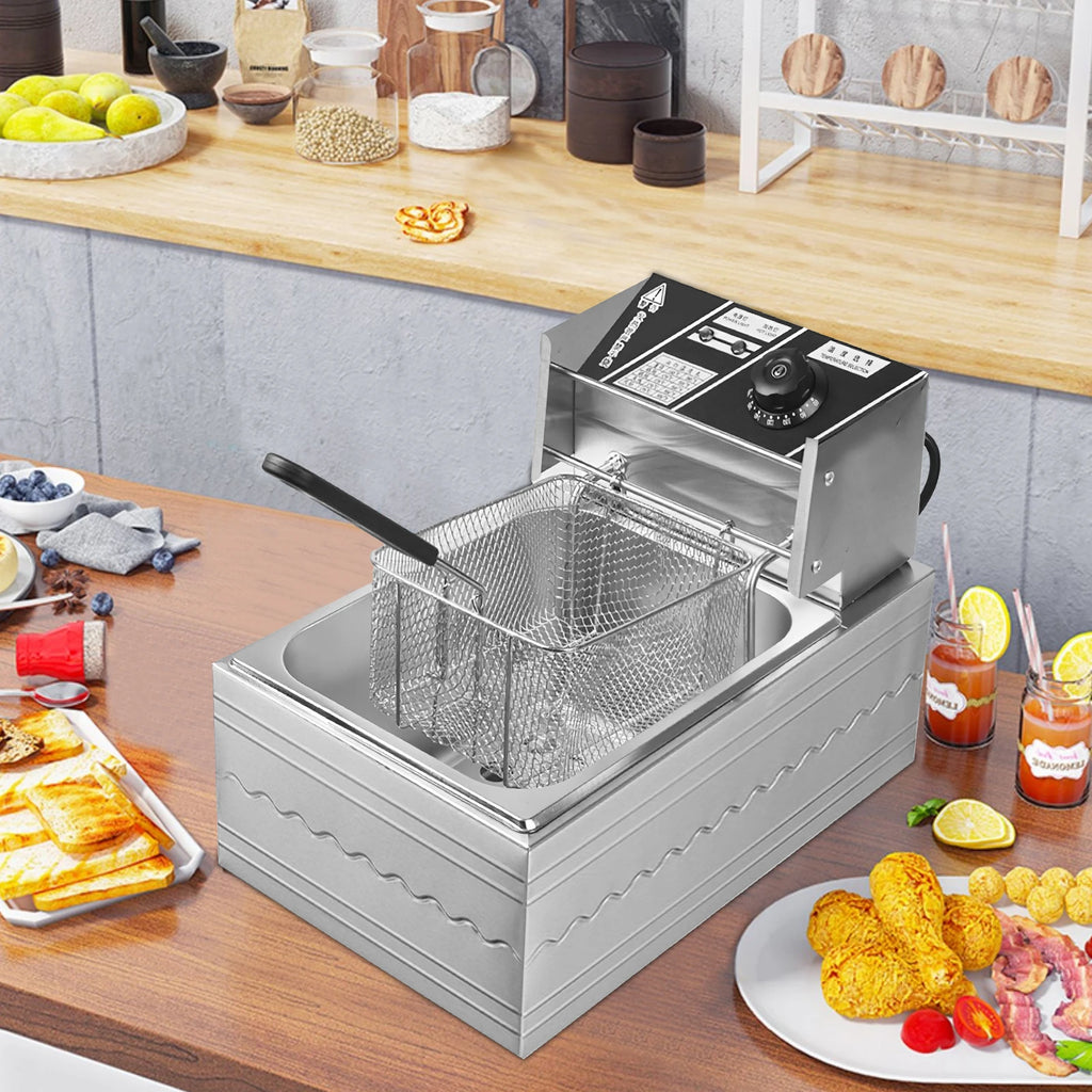 6L Electric Deep Fryer Stainless Steel Countertop Fryer with Basket for Fried Chicken French Fries with Time & Temp Control