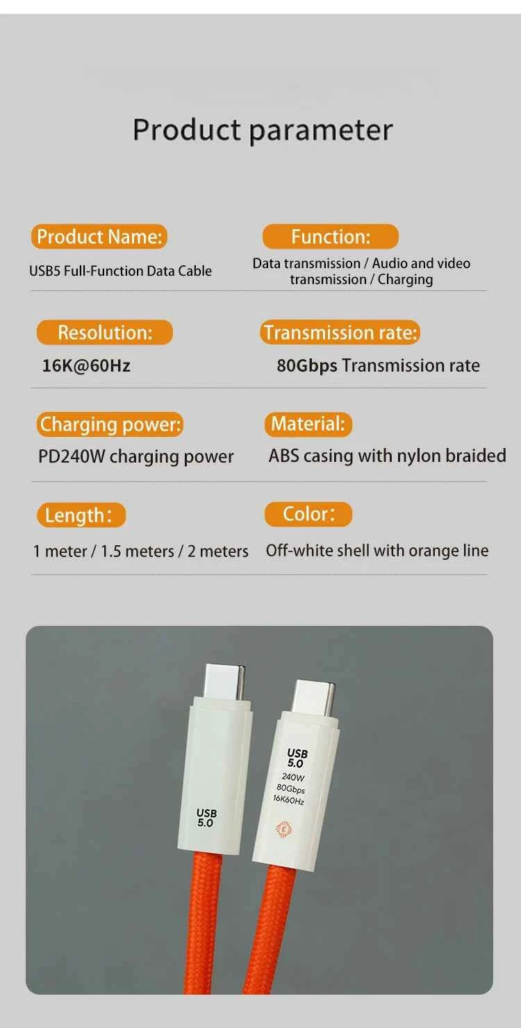 USB 5.0 Nylon Braided Cable with Dual Type-C Ports 240W PD Fast Charging Multifunction Data Cable for Screen Casting