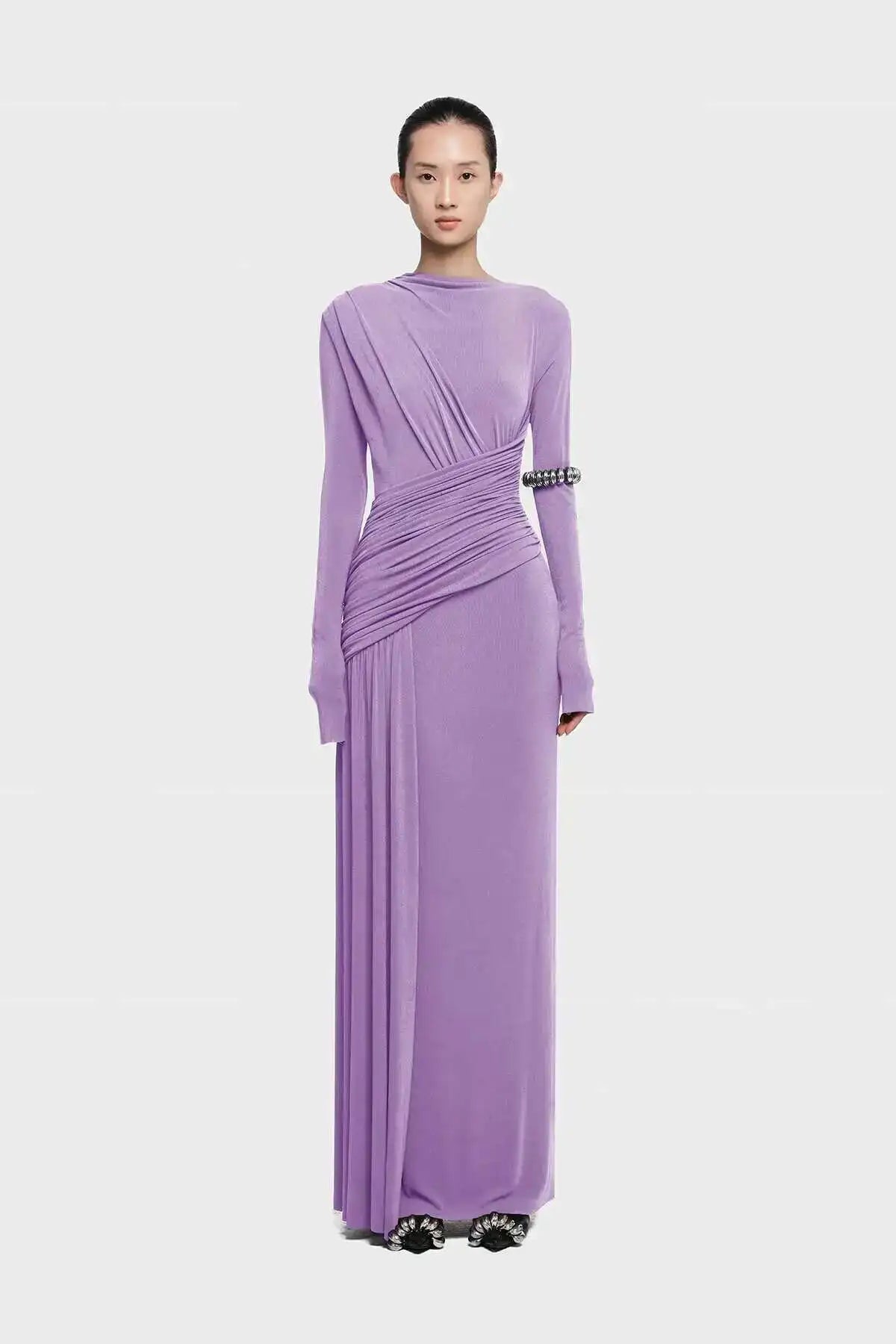 QMQA Fashion Women's Asymmetric Pleated Elegant Dress Solid Color Long Sleeve High Waist Slimming Party Dresses 2025 New QM519
