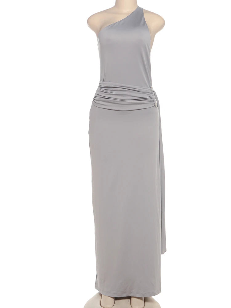 Kliou High Street Women Dresses Concise Incline Shoulder Ribbons Backless Sheath Maxi Vestidos Female Elegant Holiday Trend Robe