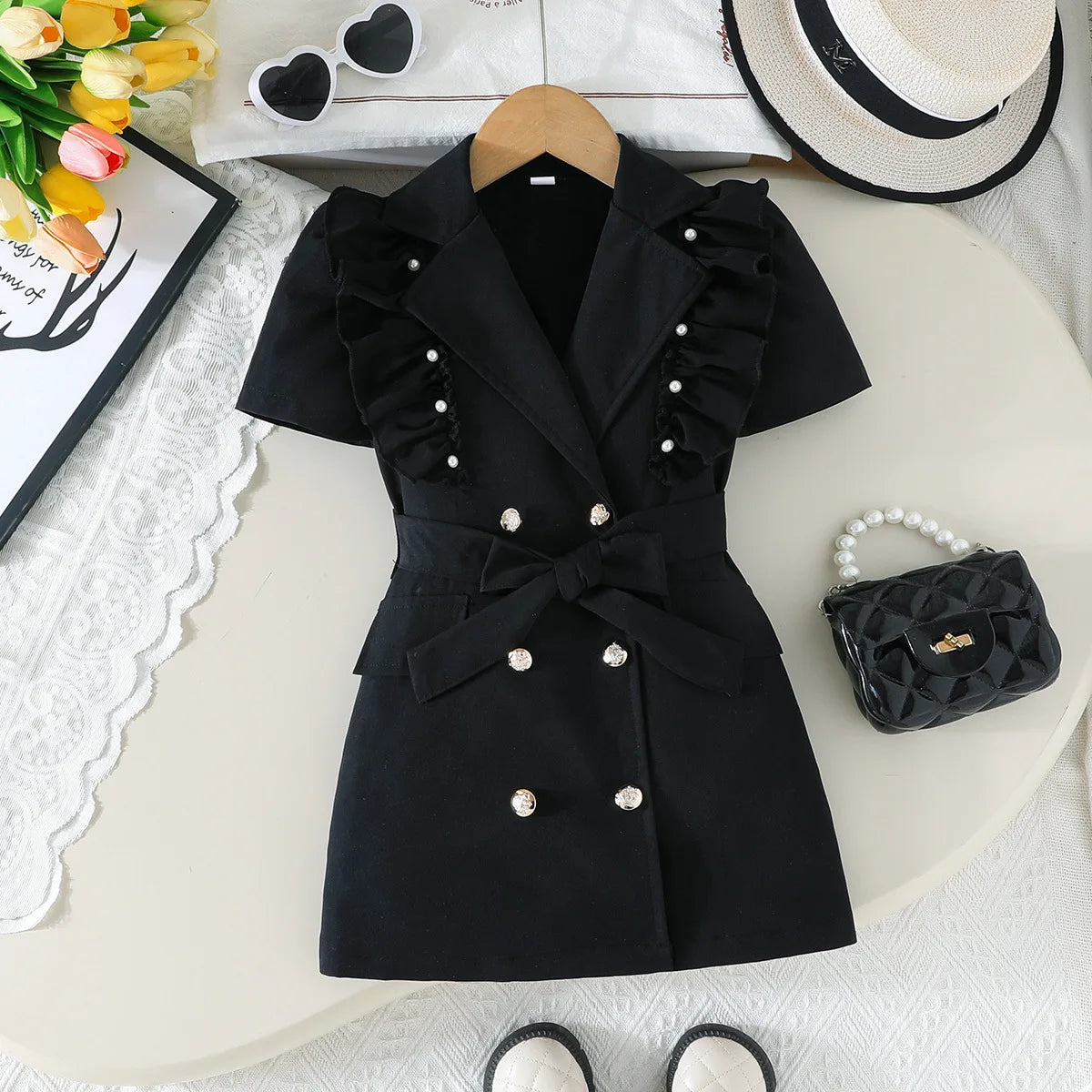 Ceeniu 3-8Y Kid's Jacket Dresses For Girls Lapel Patchwork Frill Blazer Dress For Girls Fashionable Children Clothes Girls